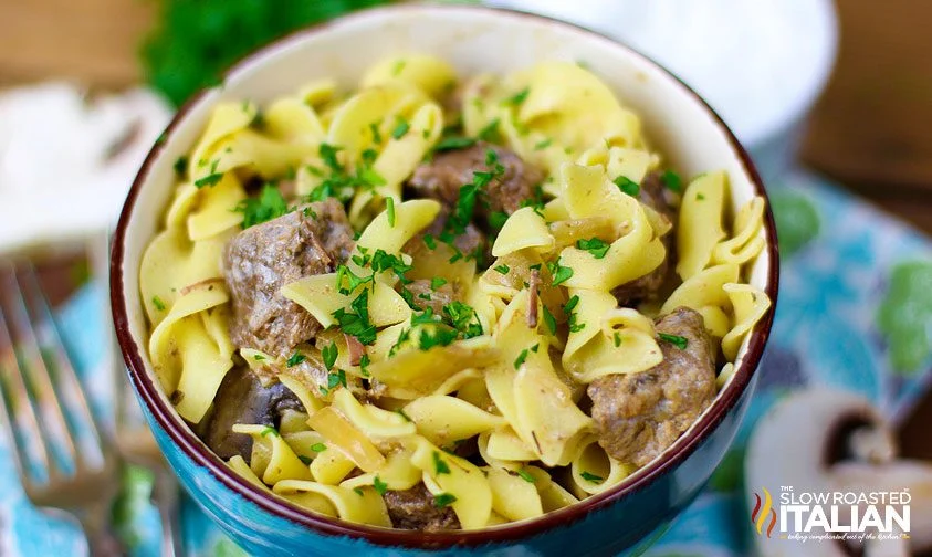 bowl of beef stroganoff with noodles
