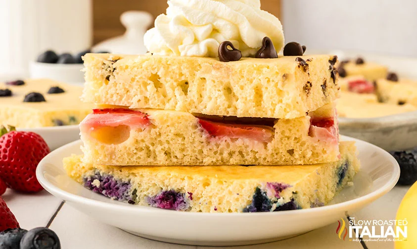 stack of sheet pan pancake slices, each with different toppings