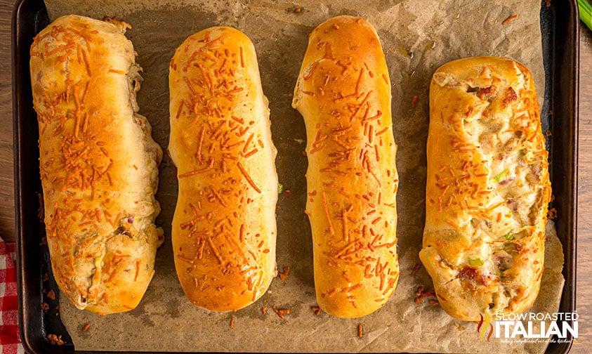 4 costco chicken bakes on a sheet pan