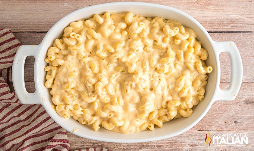 copycat costco mac and cheese recipe in a baking dish