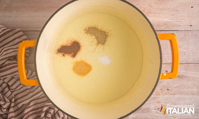 adding seasoning to cheese sauce in a large pot
