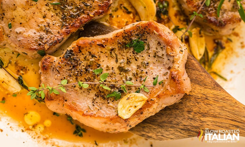 closeup of pan seared pork chops