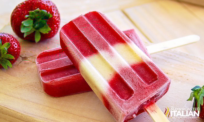 closeup of strawberry banana popsicles