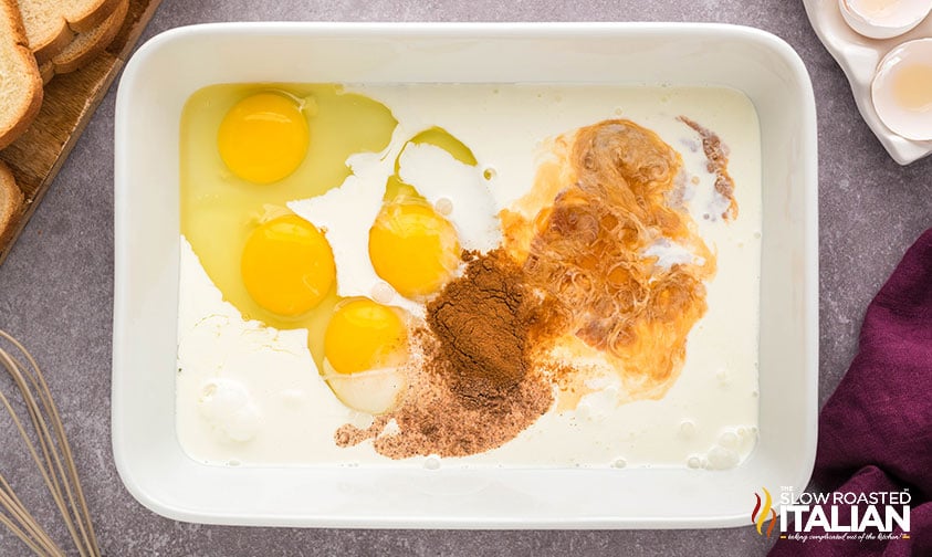making egg mixture for sheet pan french toast
