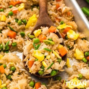 closeup of sheet pan fried rice