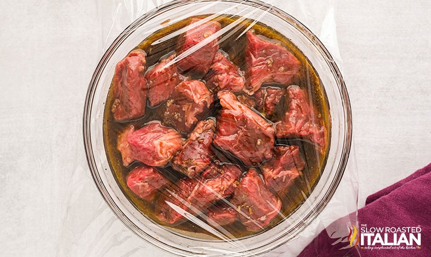 marinated steak bites in a bowl