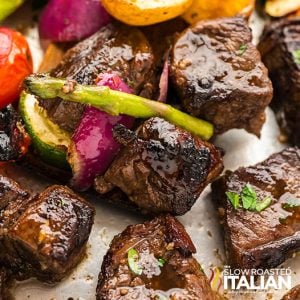 closeup of baked steak bites