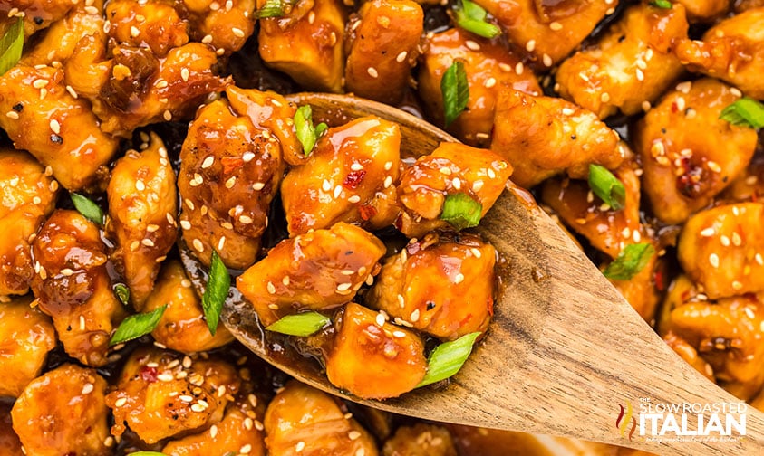 closeup of sticky honey garlic chicken bites