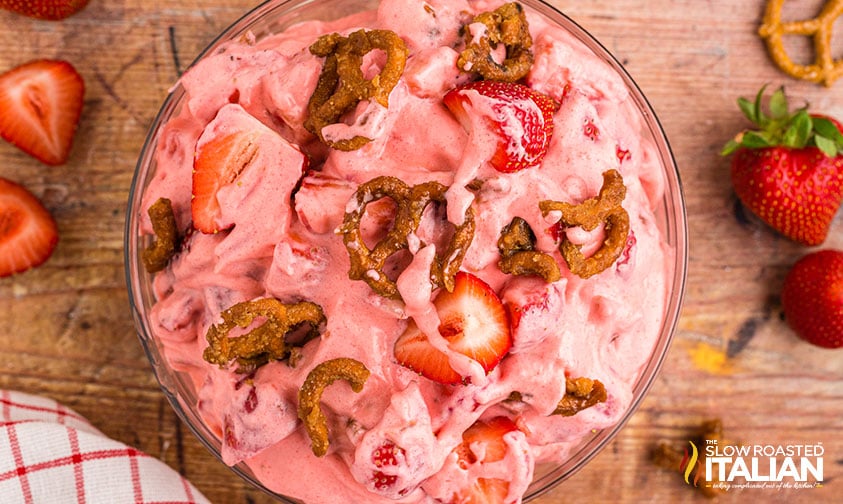 top view of strawberry cheesecake salad with pretzels