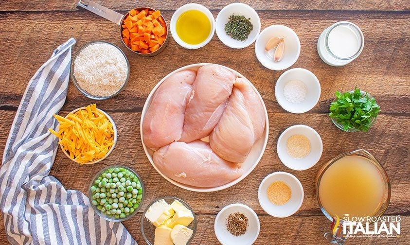 bowls of measured ingredients to make chicken and rice in crockpot