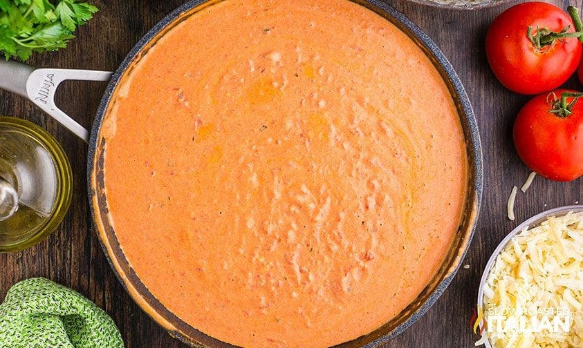 homemade 5 cheese ziti sauce in large skillet