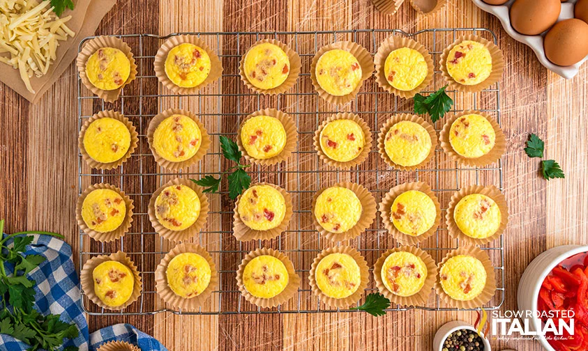 two dozen copycat starbucks egg bites on a cooling rack