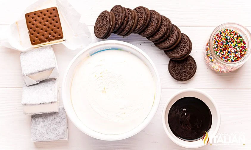 ingredients to make no bake oreo and ice cream sandwich cake