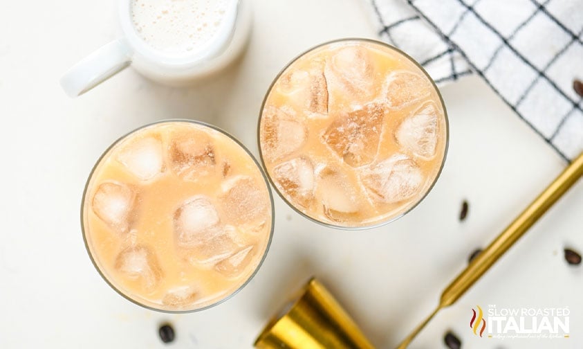 overhead: two white russian drinks with ice
