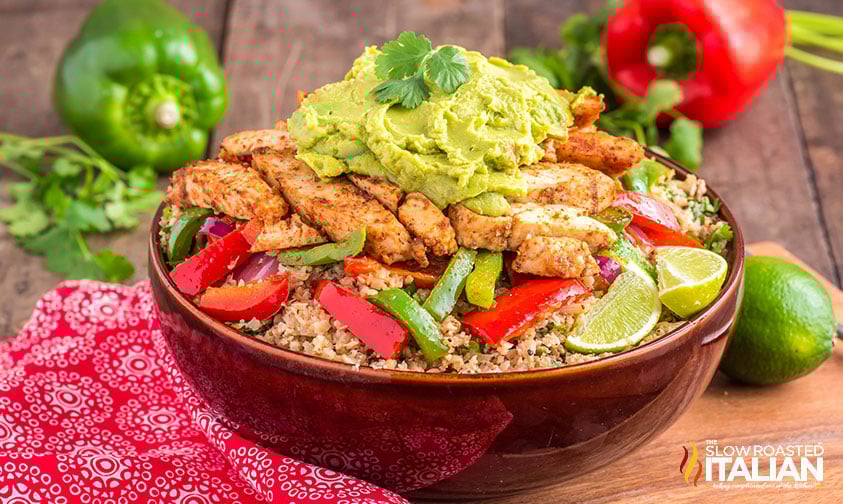 side view: cilantro lime cauliflower rice covered in toppings