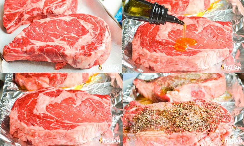 four photo collage showing how to oil and season raw steak
