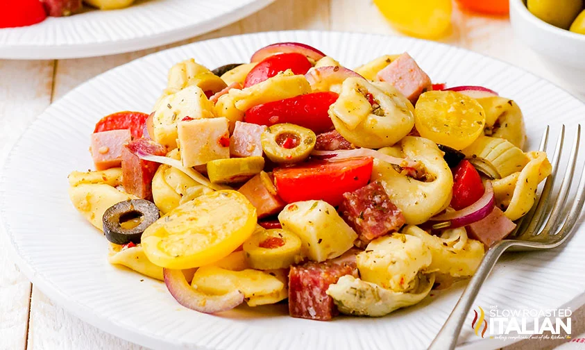 serving of antipasto pasta salad on a plate with fork