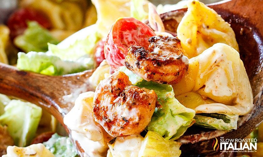 extreme closeup: shrimp pasta salad with remoulade dressing