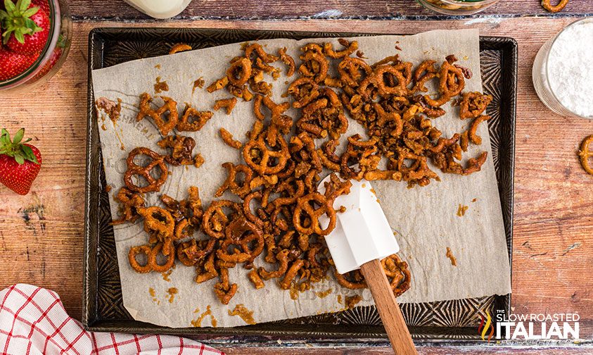 overhead: candied pretzels on a baking pan
