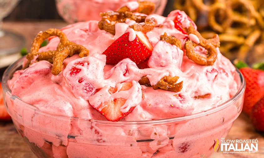 closeup: strawberry pretzel cheesecake salad