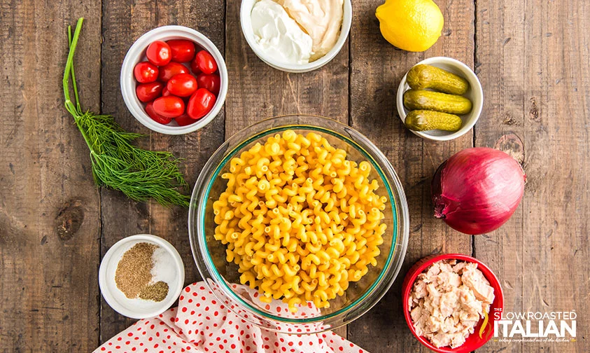 ingredients to make deli-style tuna noodle salad