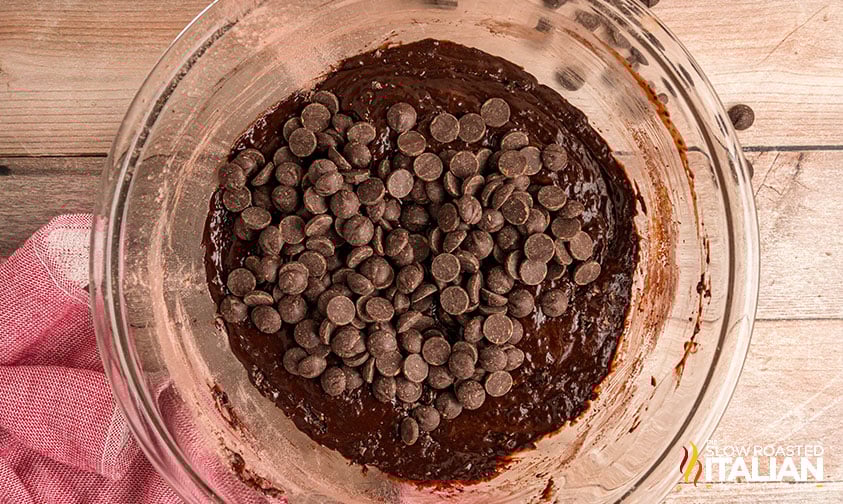 folding chocolate chips into chocolate muffin batter
