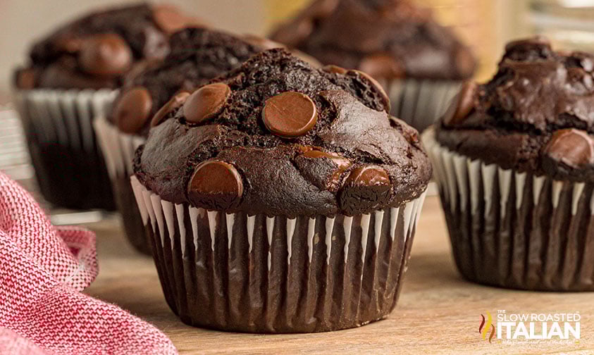 costco copycat chocolate muffins on a wooden board