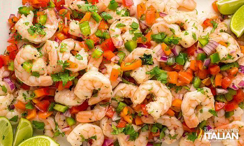 closeup of shrimp ceviche on a platter