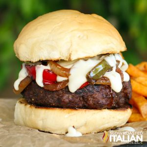 closeup of philly cheesesteak burger