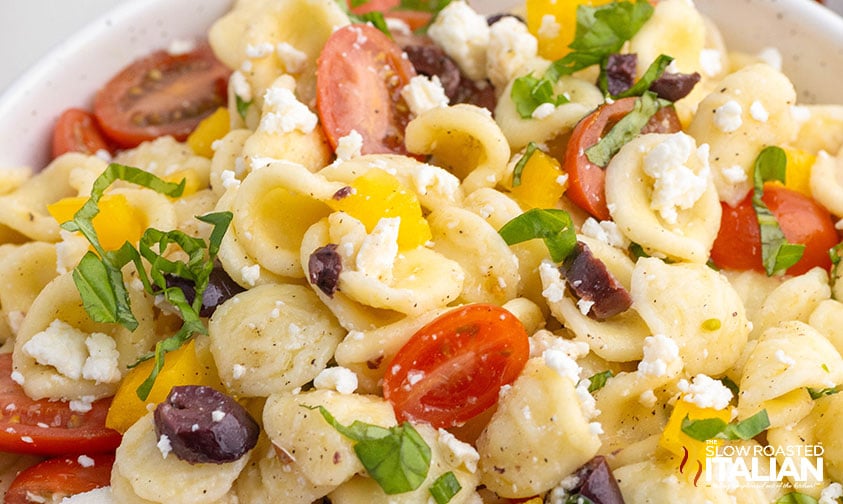 closeup of orecchiette pasta salad in a bowl