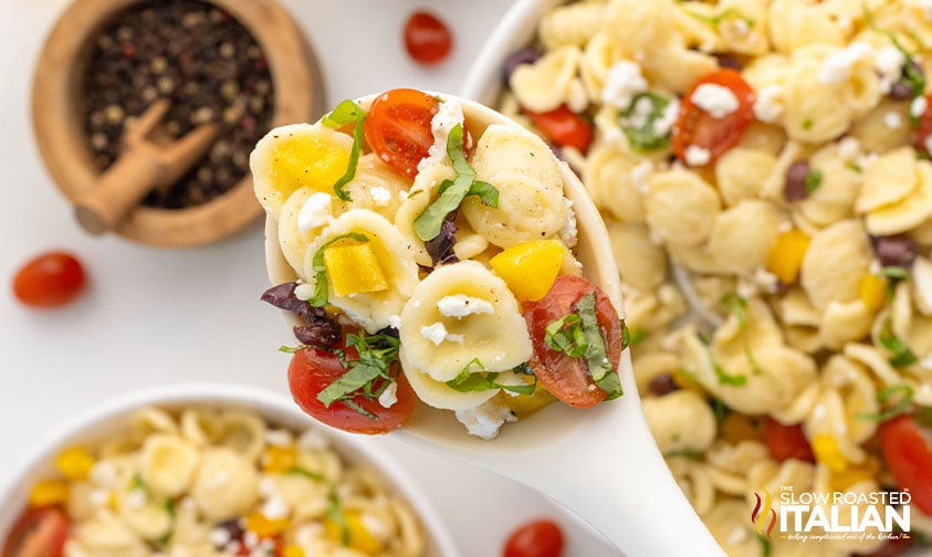 spoon full of orecchiette pasta salad