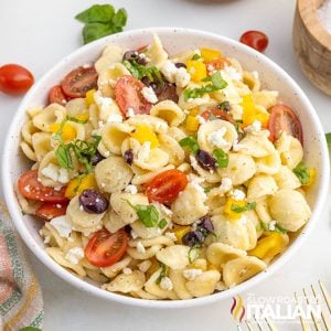 closeup of orecchiette pasta salad in a bowl