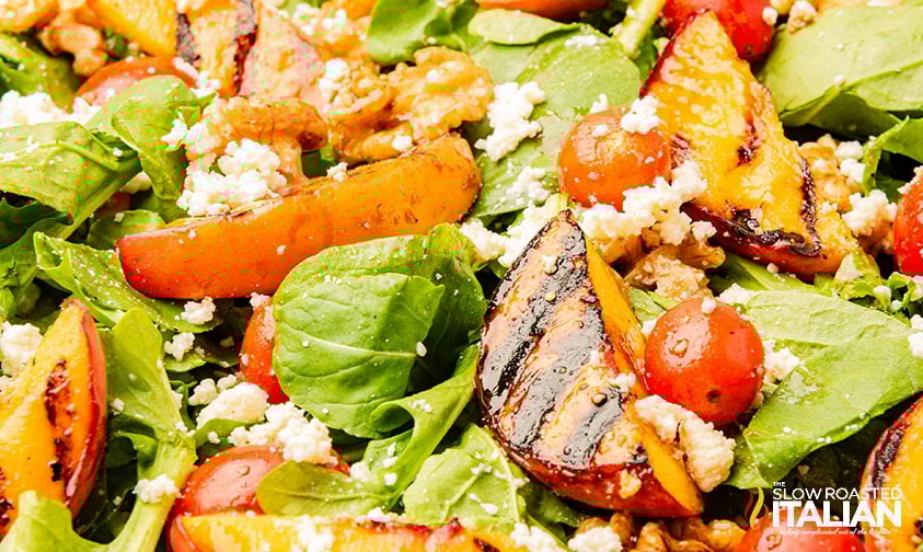 closeup of grilled peach salad