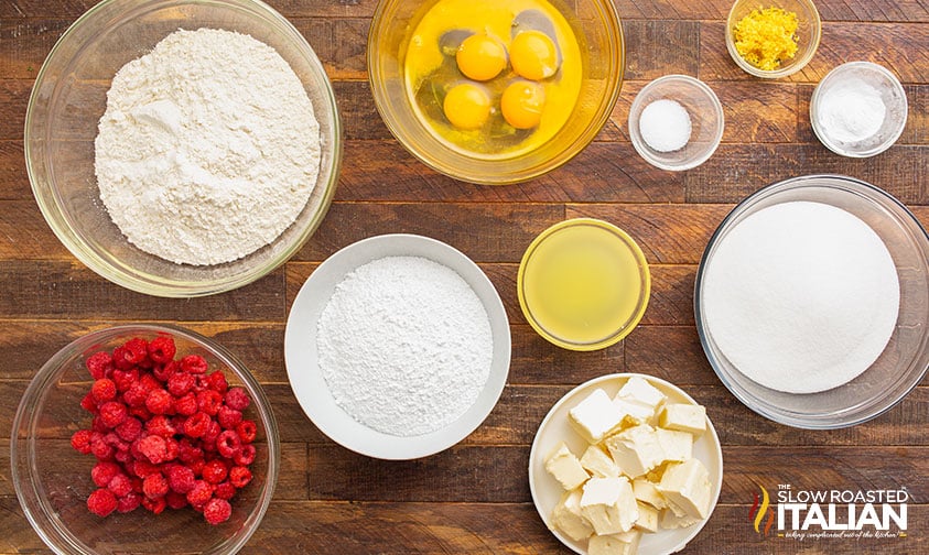 overhead: ingredients for raspberry lemonade cake
