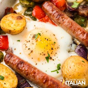 closeup of sheet pan baked fried eggs and veggies