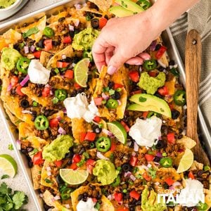 closeup of sheet pan baked nachos