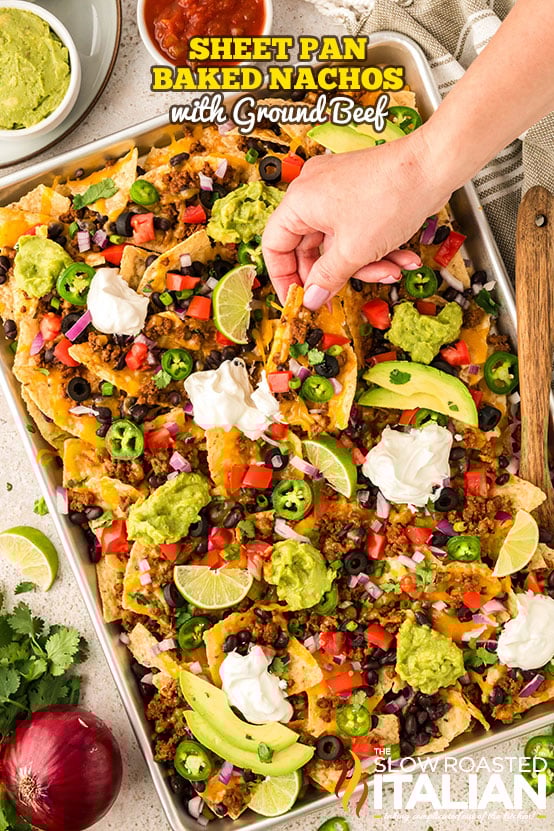 titled: Sheet Pan Baked Nachos with Ground Beef