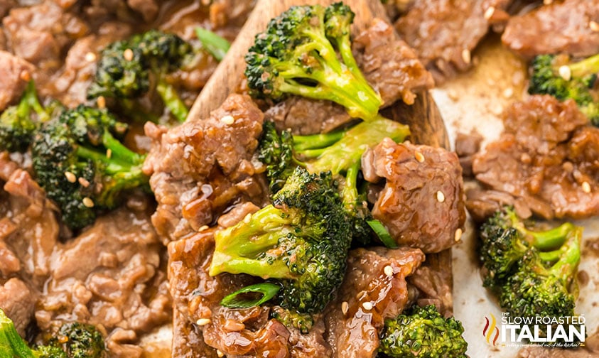 closeup of sheet pan broccoli and beef