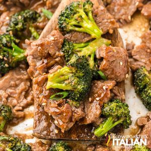 closeup of sheet pan beef and broccoli