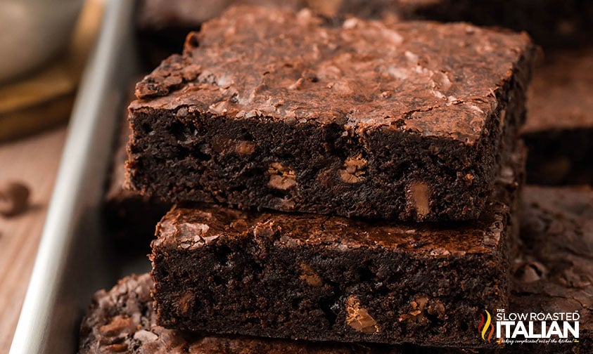 closeup of stacked sheet pan brownies