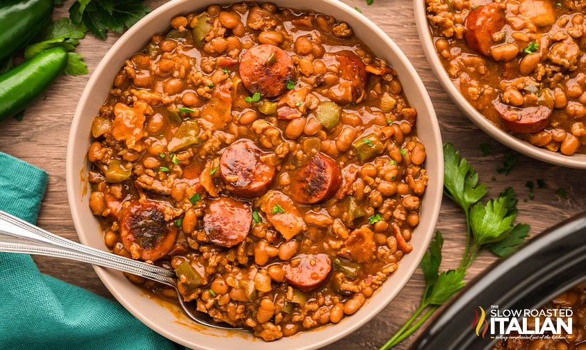 white bowl of slow cooker cowboy beans