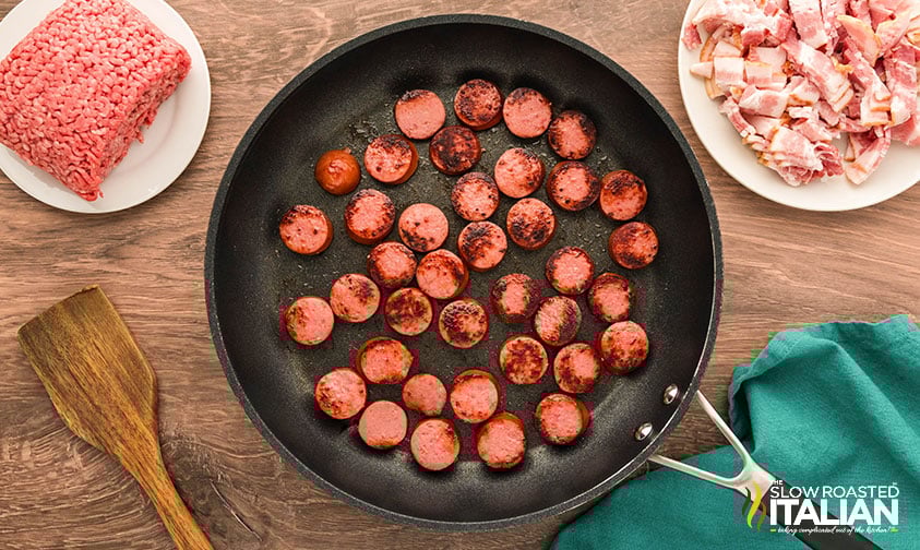cooked kielbasa in a frying pan