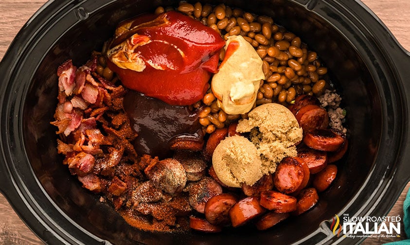 cowboy beans ingredients added to slow cooker