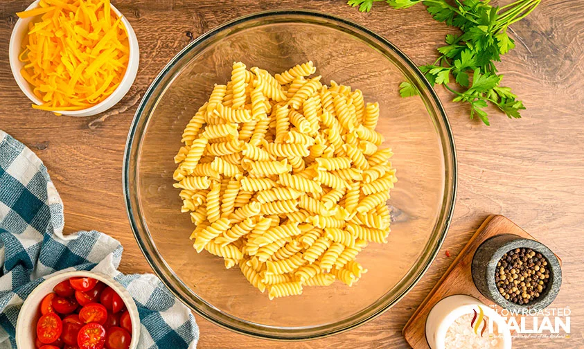 bowl of cooked rotini for cowboy pasta salad