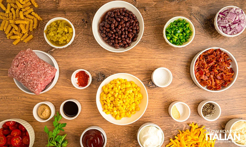 bowls of ingredients to make recipe for cowboy pasta salad