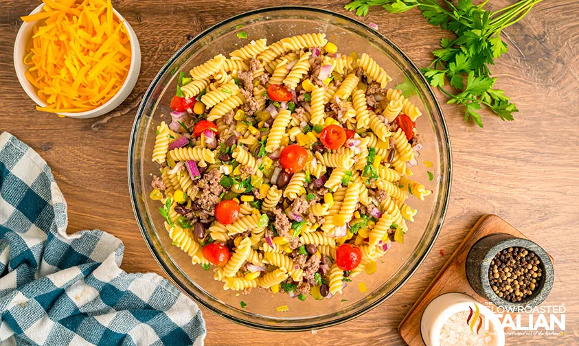 overhead: cowboy pasta salad in a bowl