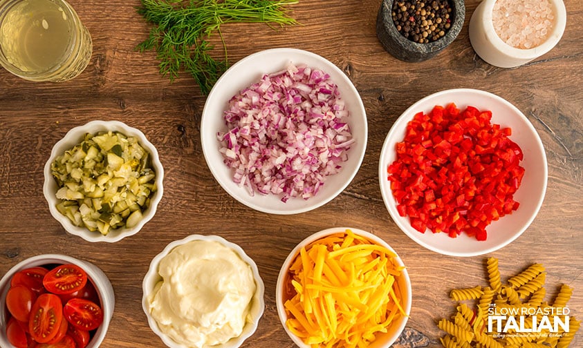 ingredients for dill pickle pasta salad recipe