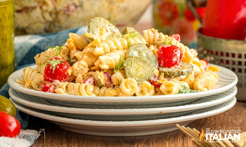 dill pickle pasta salad on a plate