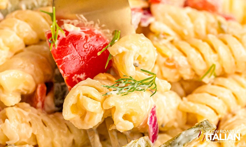 closeup of dill pickle pasta salad