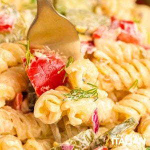 closeup of dill pickle pasta salad recipe